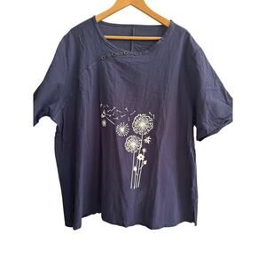 Navy Blue Button Detail Top Women’s Plus Size Dandelion Print Casual Tunic‎ Tee